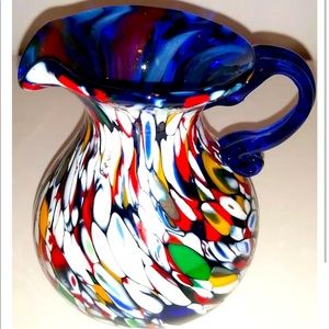 Gorgeous Fratelli Toso Murano Italy Blue/Multicolor Art Glass Millefiori Pitcher